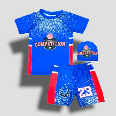 Navy Blue Shirt & Short Swimsuit 2 PCs Set with Cap SWM6154E